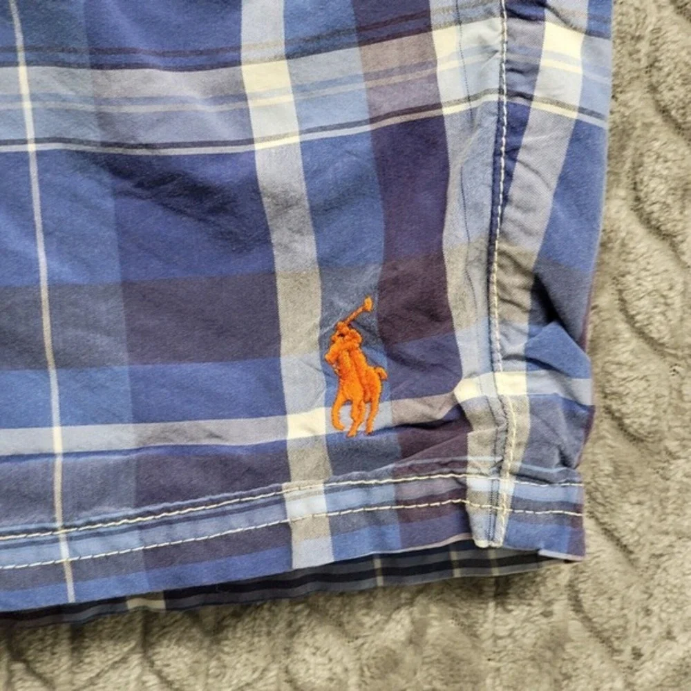 Polo Ralph Lauren Board Shorts Swim Trunks Size 38 Plaid Blue White /Orange Pony